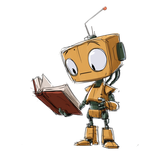 Illustration of a robot standing and reading a book