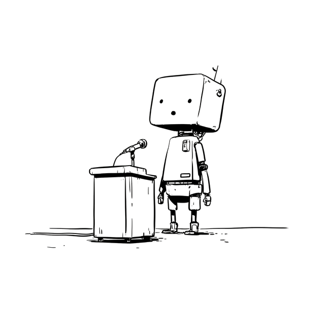 Illustration of a robot talking behind a podium