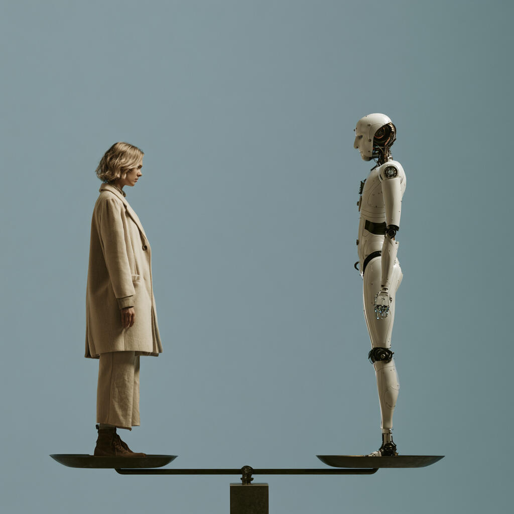 Photo illustration of a robot standing in front of a woman