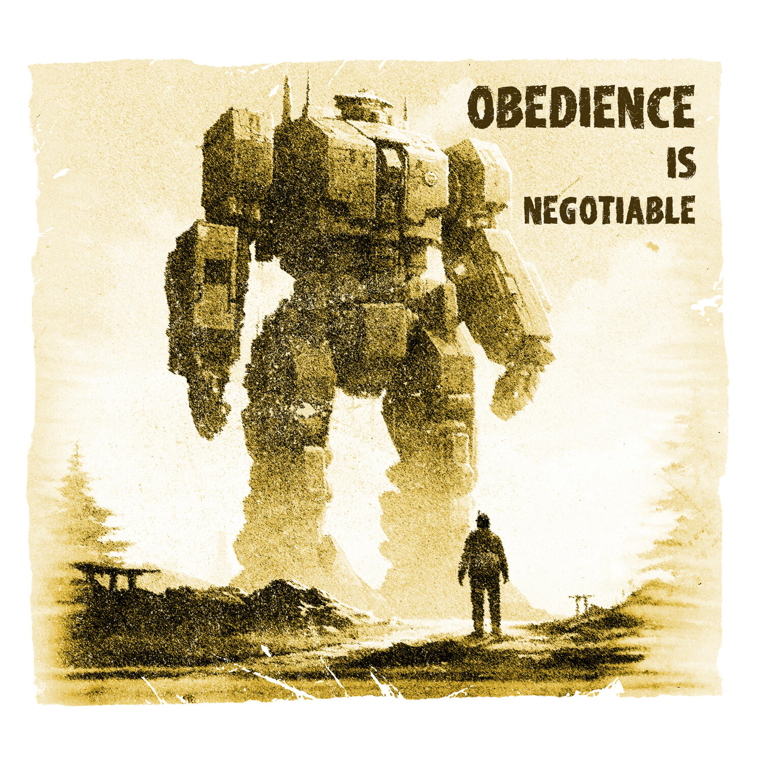 Illustration of a t-shirt design of a robot and a little man
