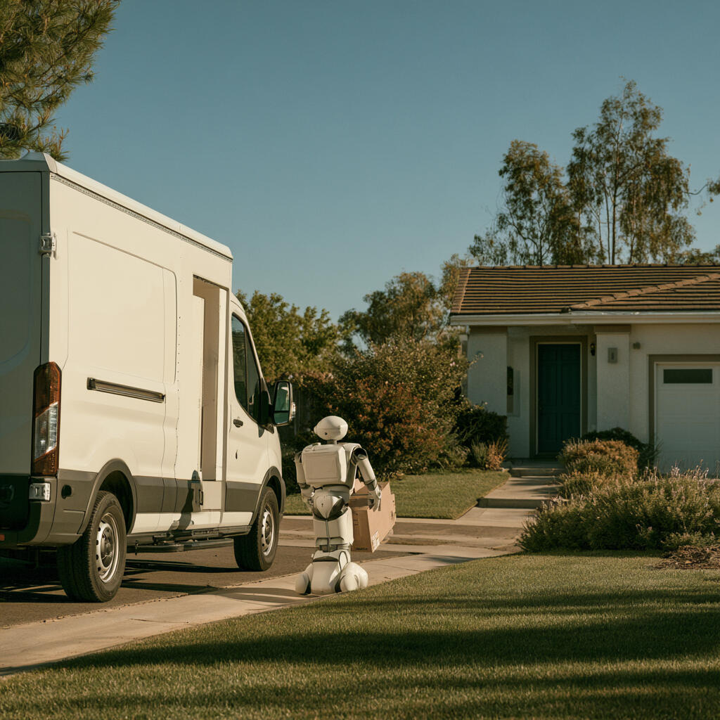 Photo illustration of a robot carrying a cardboard box and exiting the commercial vehicle in the parking lot towards the door of a private house