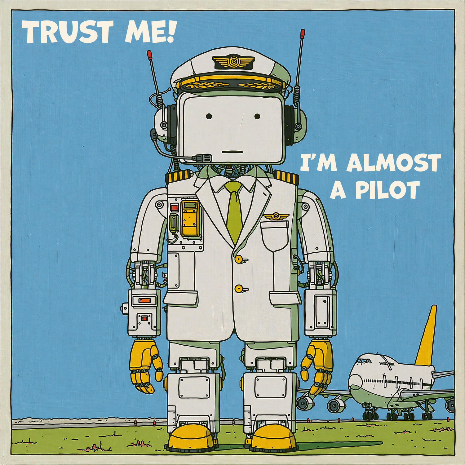 Illustration of a shirt design of a robot as a pilot with a plane behind him