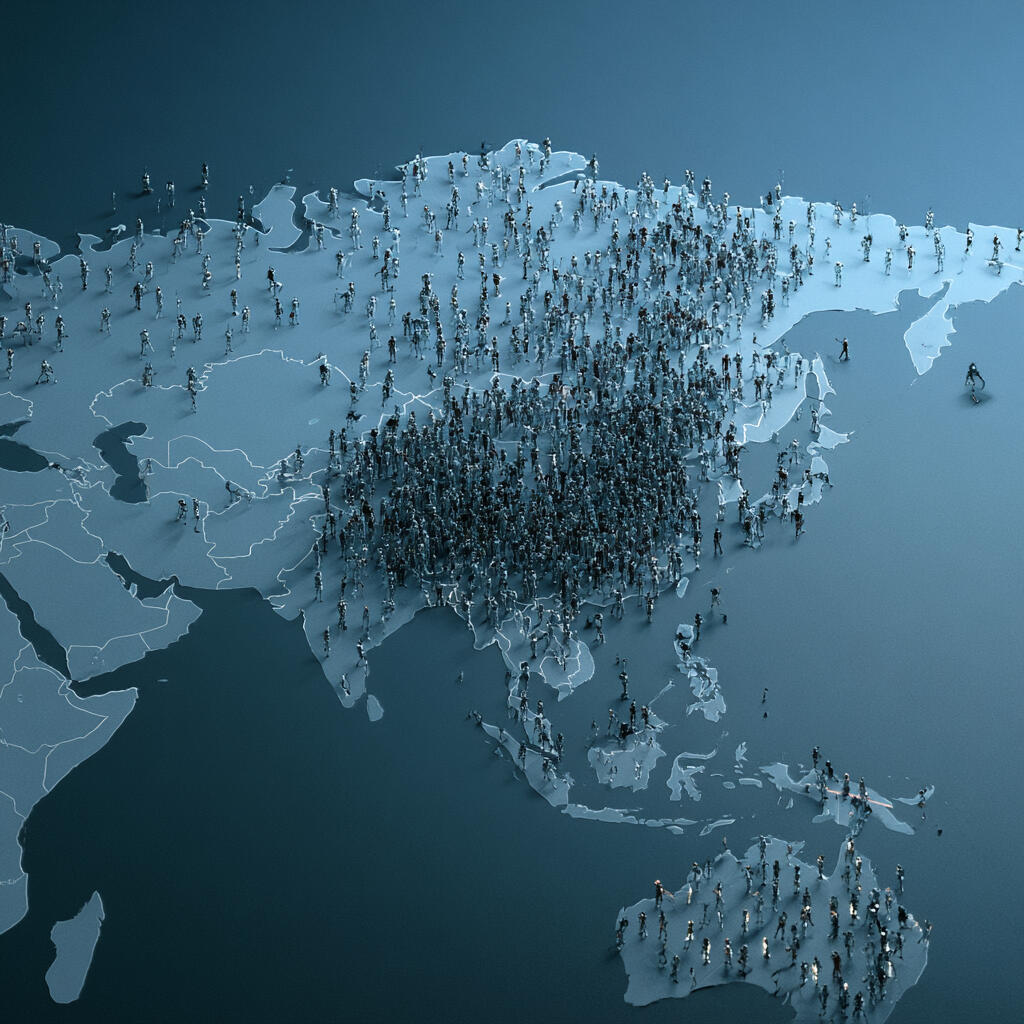Photo illustration of a map of a country and lots of little robots standing on it