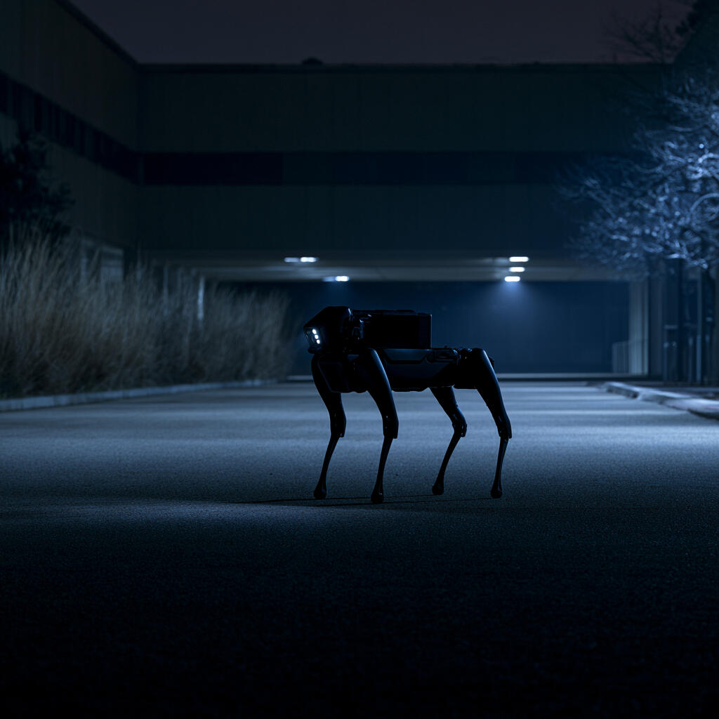 Photo illustration of a robot dog at night