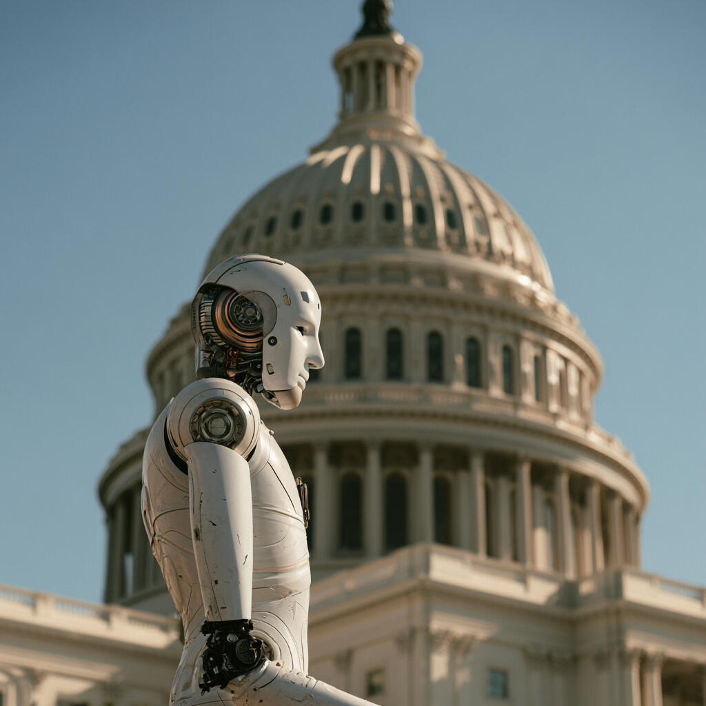 Photo illustration of a robot against the backdrop of the White House in Washington