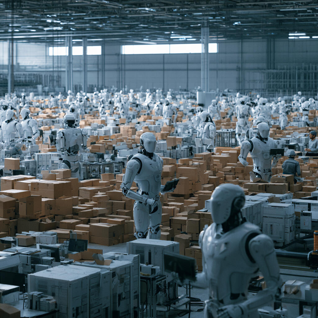 Photo illustration of robots at work inside a warehouse with lots of cartons